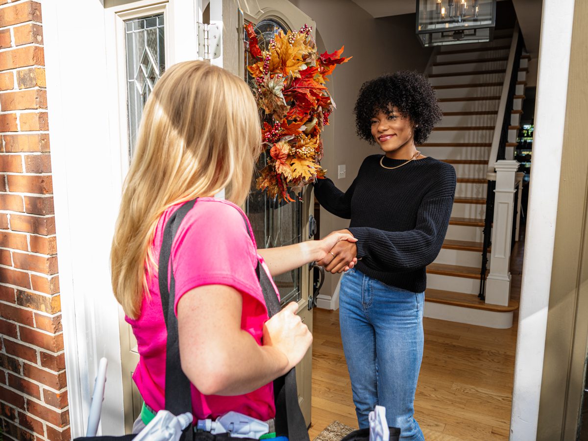 Professional House Cleaning in Webster Groves, MO - Better Life Maids team member greets a Webster Groves House Cleaning customer. Better Life Maids provides more house cleaning in Webster Groves than any other cleaning company due to our focus on high quality services, and our commitment to cleaning for health and safety.