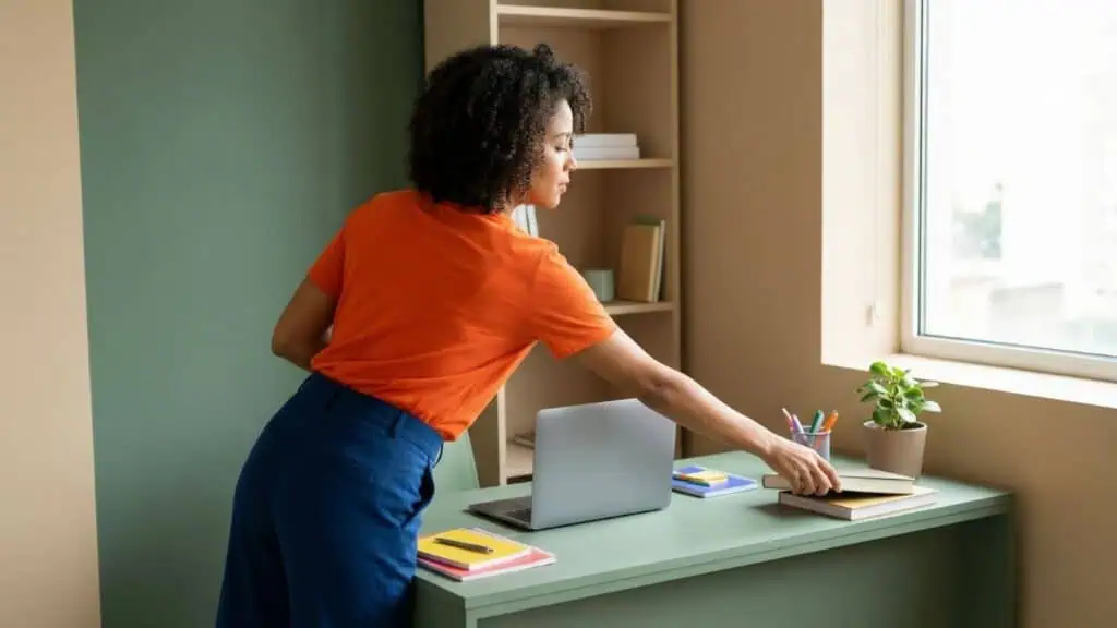 Woman cleaning office desk